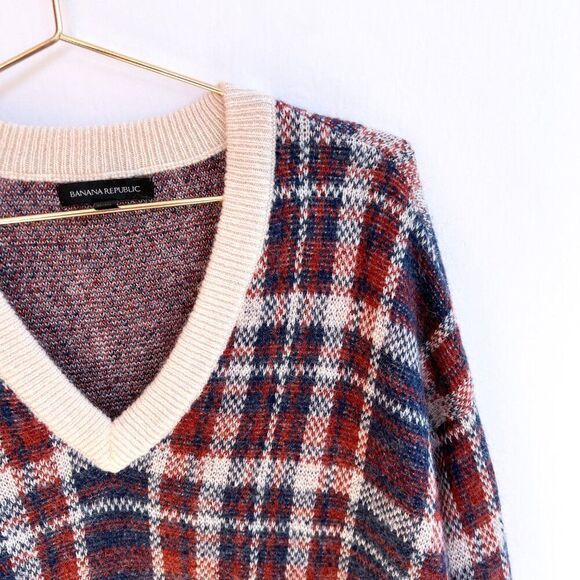 Banana Republic Orange Blue Plaid V Neck Wool Mohair Sweater Small - Picture 3 of 9